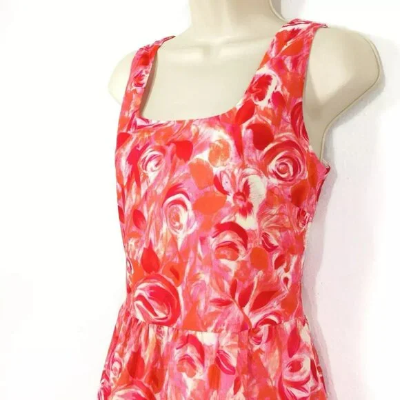 Garnet Hill Floral Dress Women’sSz 10 Watercolor Roses Pink & Red Lined Side Zip